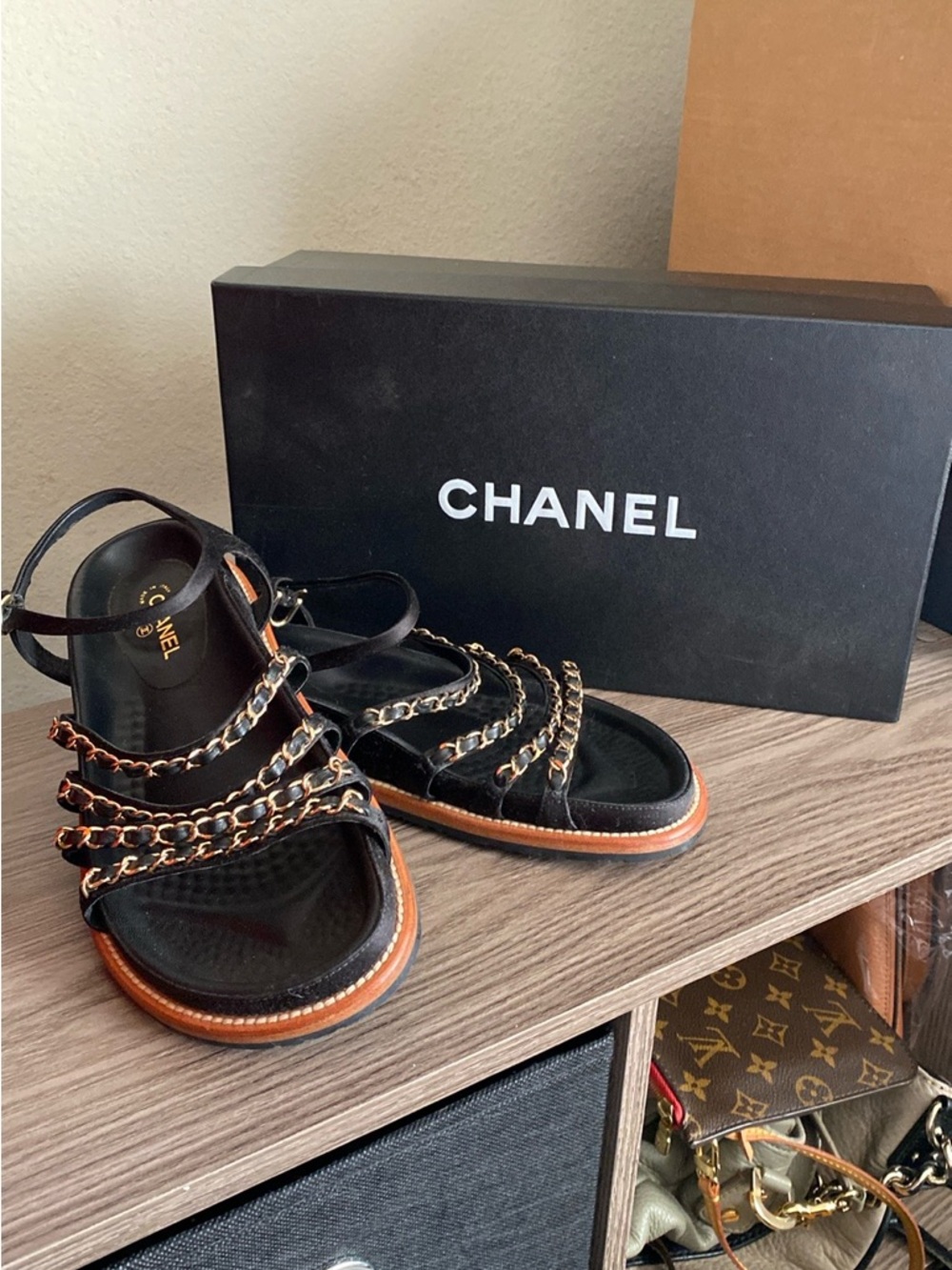 CHANEL Black Sandals with Gold Chain Trim